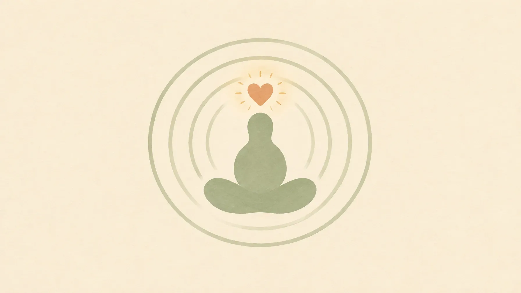 A sage seated figure with breathing rings and a terracotta heart on warm cream paper