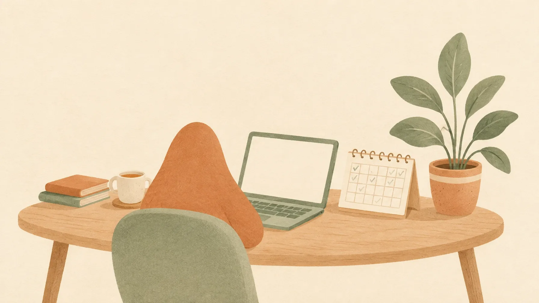 A calm person building an online income stream at a laptop beside a weekly calendar and plant