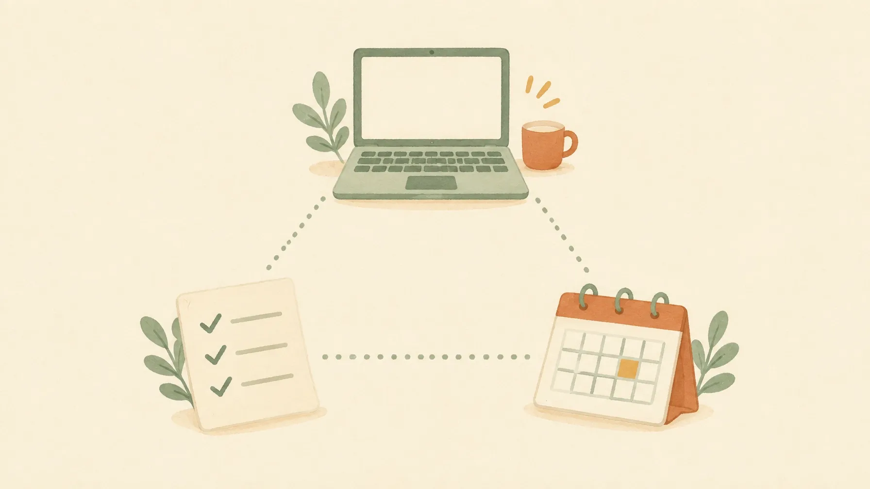 Calm illustration of a laptop, checklist, and day-job calendar connected by gentle lines