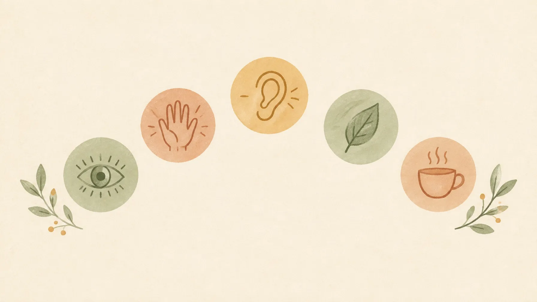 Five simple grounding symbols for the senses on a warm cream background