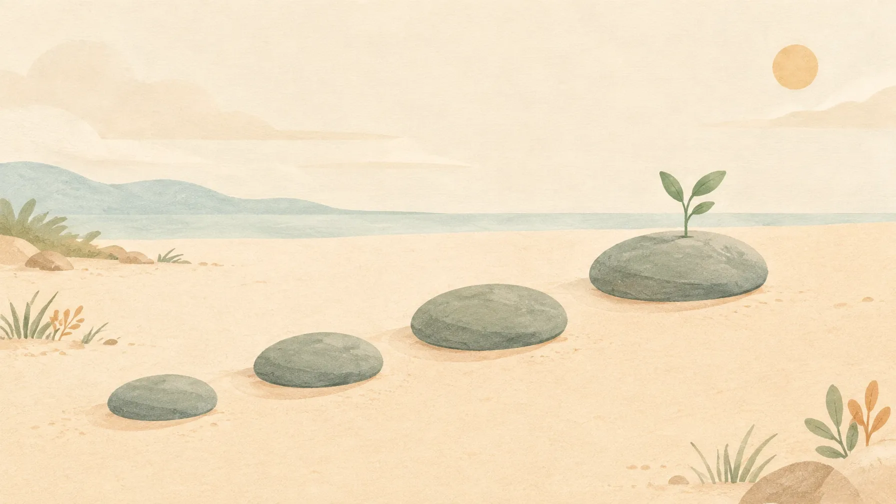 Four calm stepping stones representing one skill, one page, one list, and one weekly post