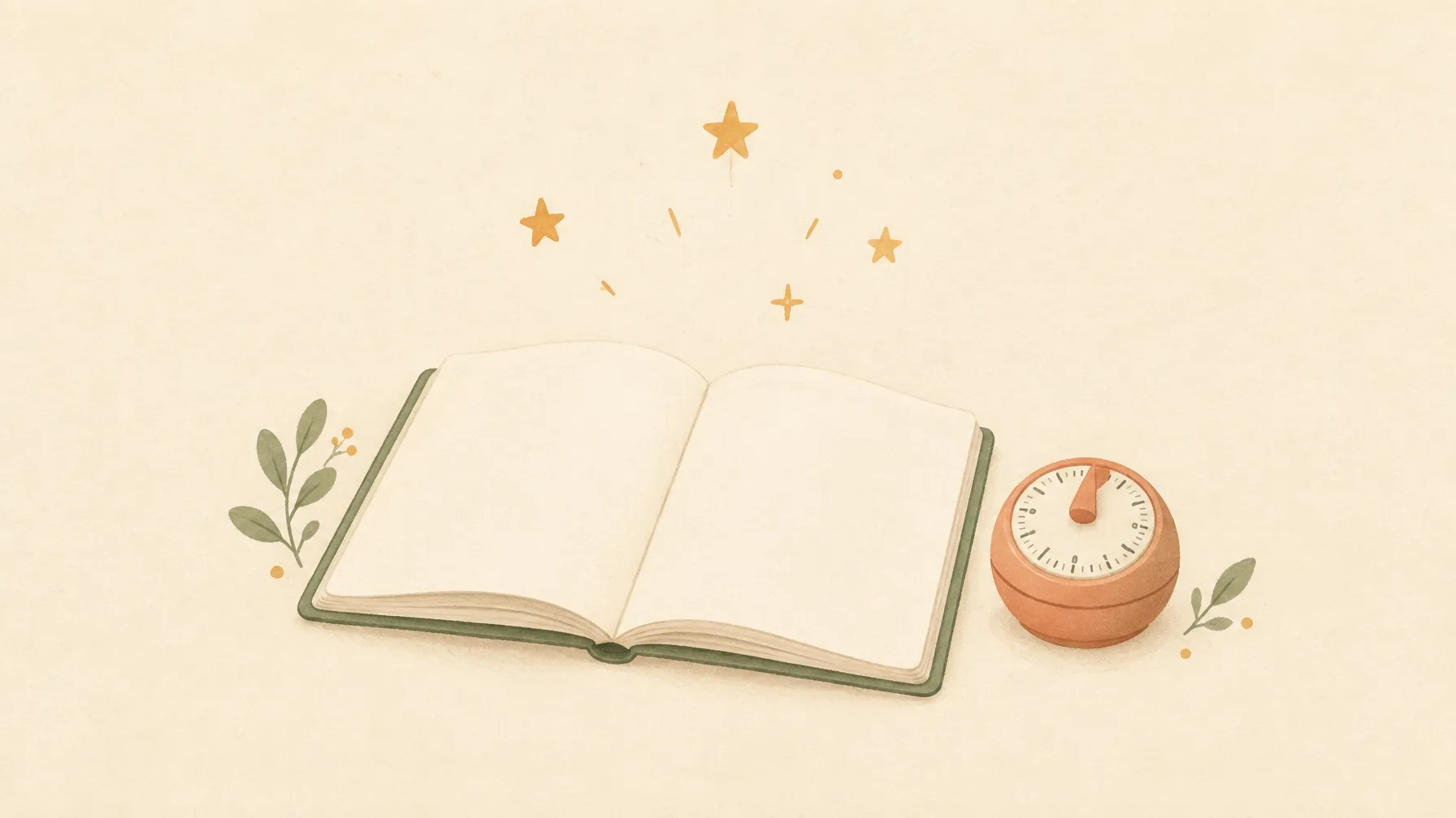 Minimalist notebook, timer, and soft gratitude sparkle marks on a warm cream background