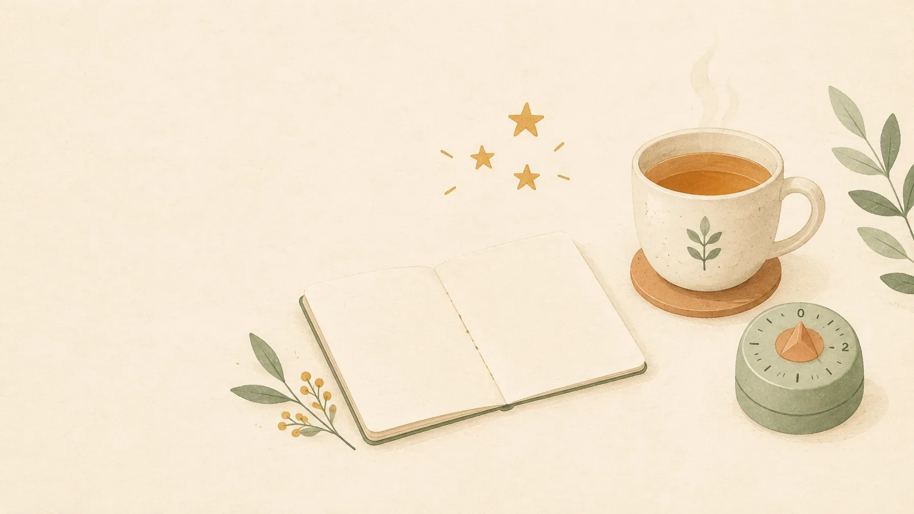 A journal card, a cup of tea and three small stars on a cream background