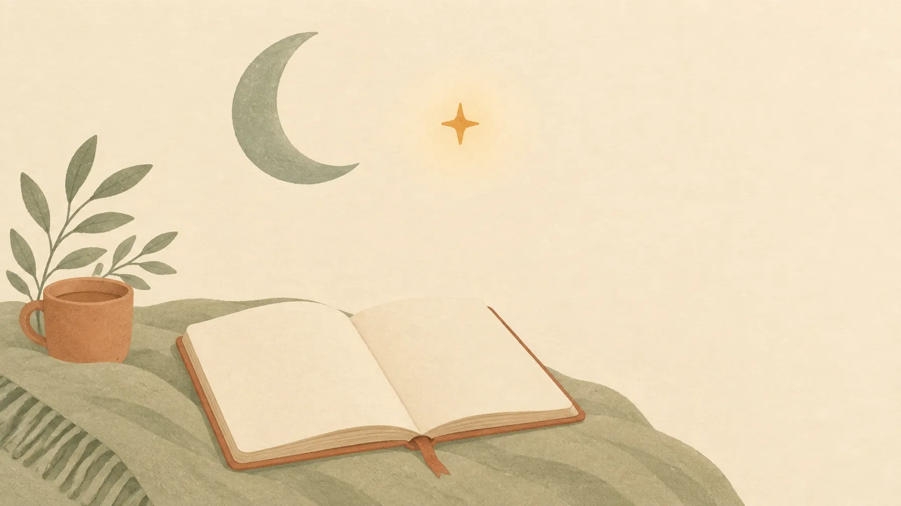 Open journal, terracotta cup, sage leaves, crescent moon, and amber star on warm cream paper