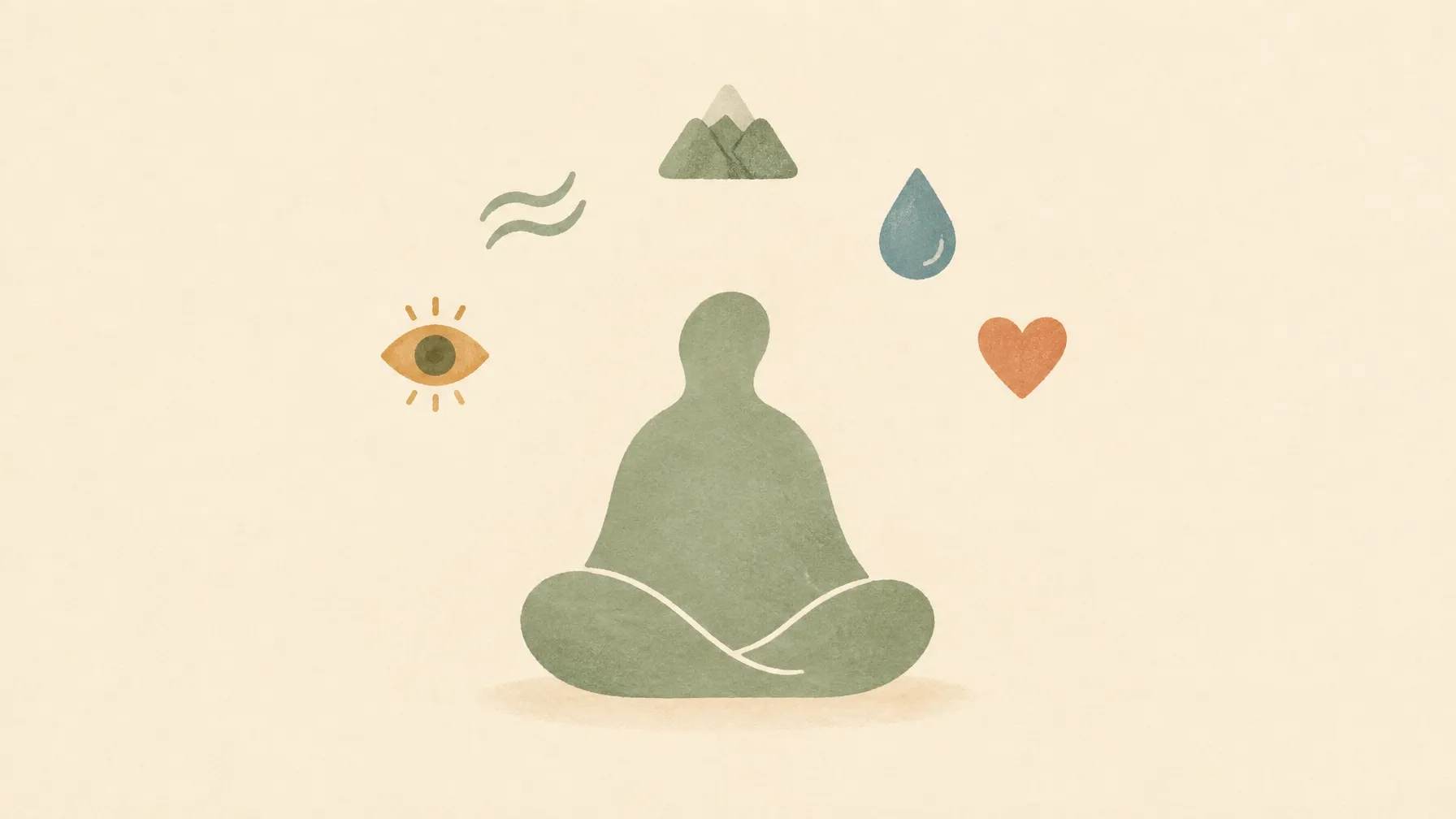 A calm seated figure and five simple symbols for the senses, in warm cream and sage