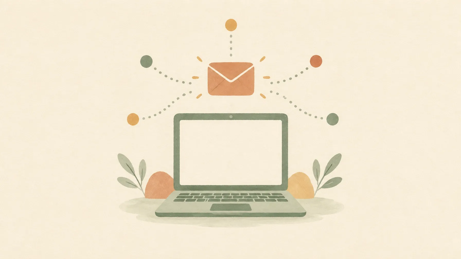 Simple online business setup with a laptop, email symbol, and connected nodes