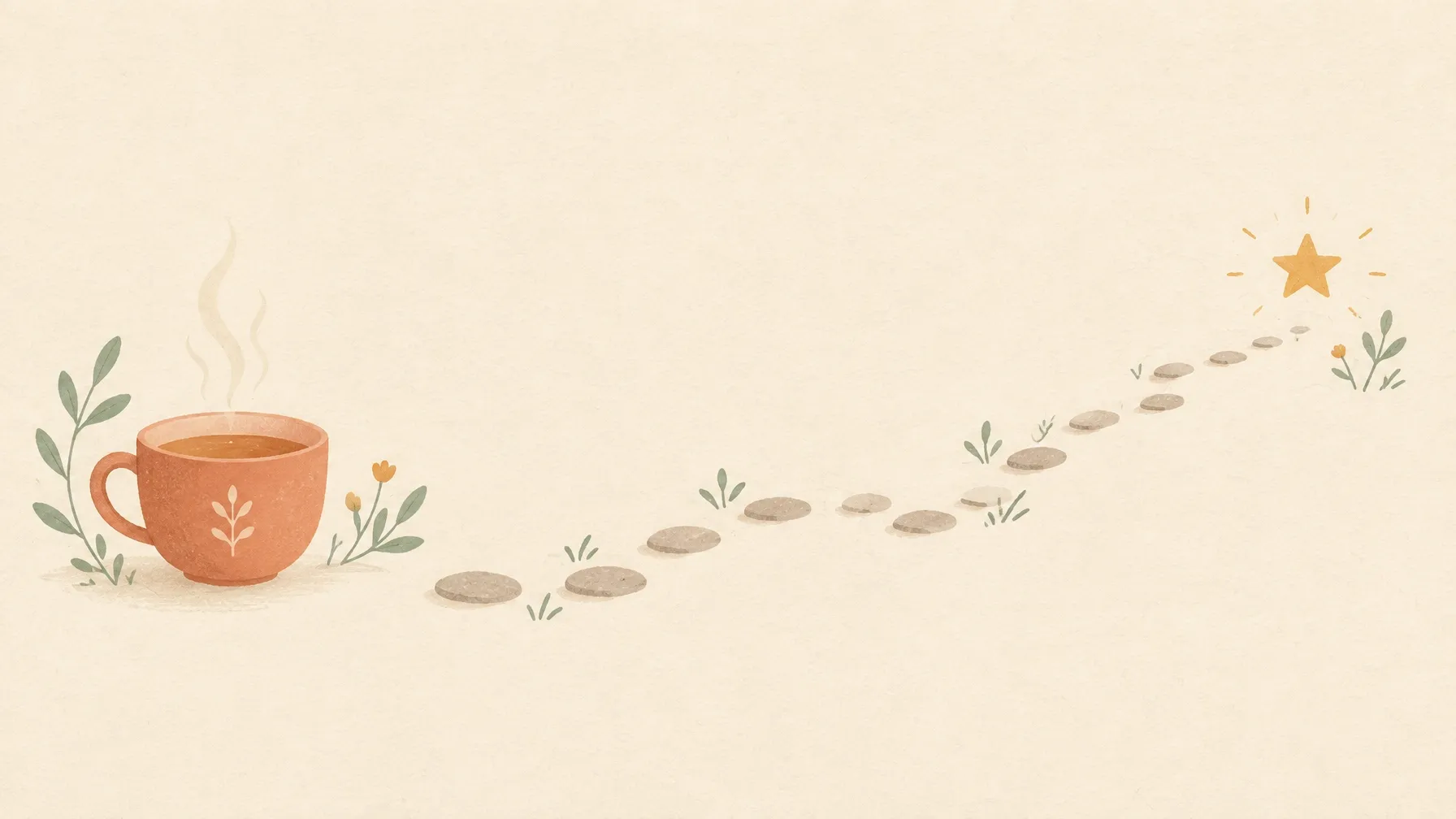 Small stepping stones leading from a cup to a star, in cream and sage
