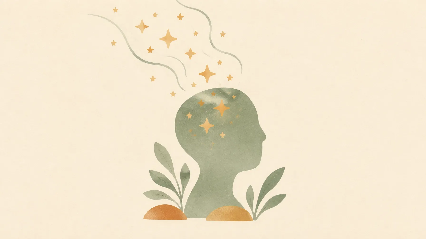Abstract head silhouette settling into calm constellation-like stars on a warm cream background