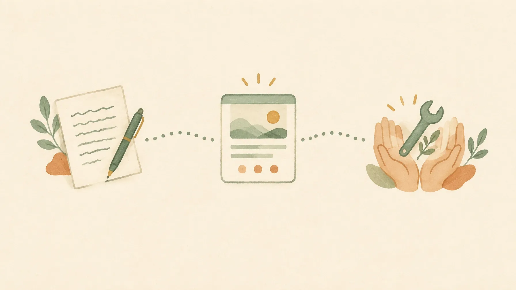 Three ethical online income pathways: content, digital products, and services connected by gentle lines