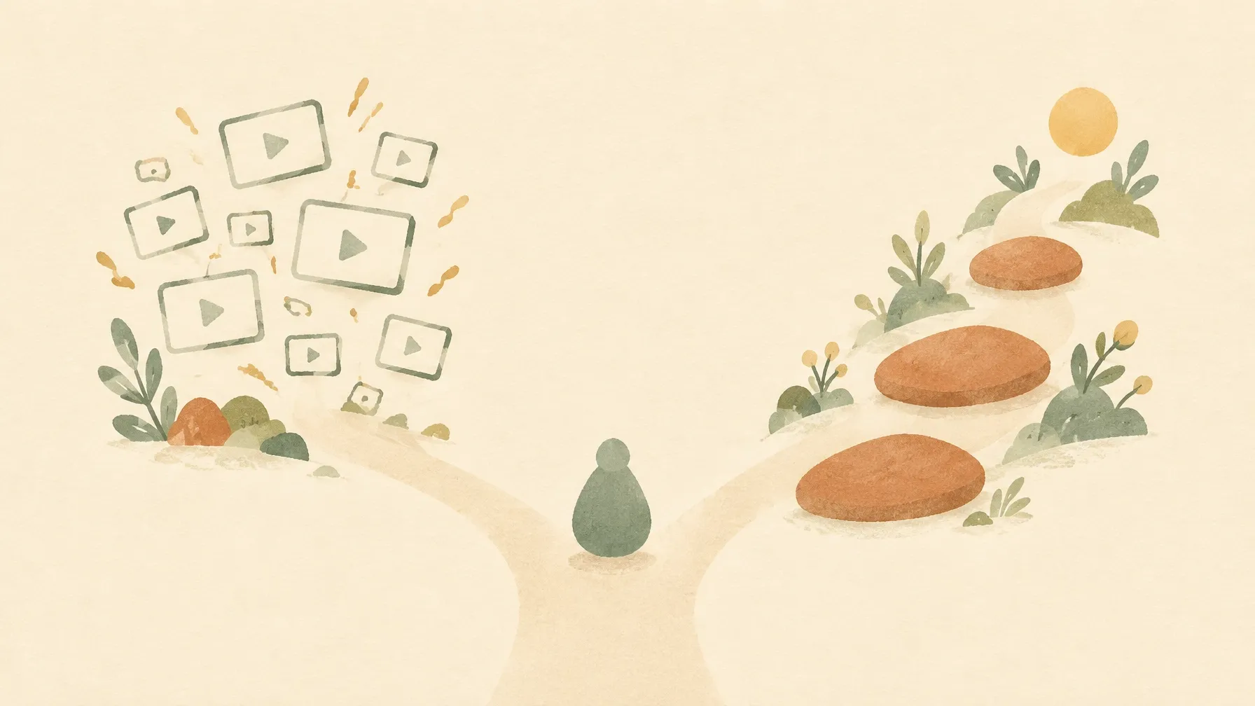 A calm beginner choosing between scattered video tutorials and a clear three-step path toward online income